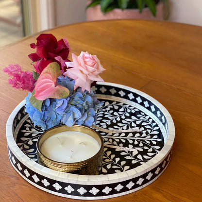 Black Ethnic Floral Bone Inlay Serving Tray