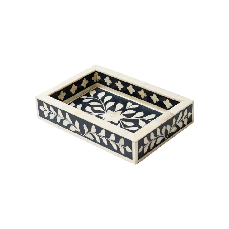 Black Ethnic Floral Bone Inlay Serving Tray