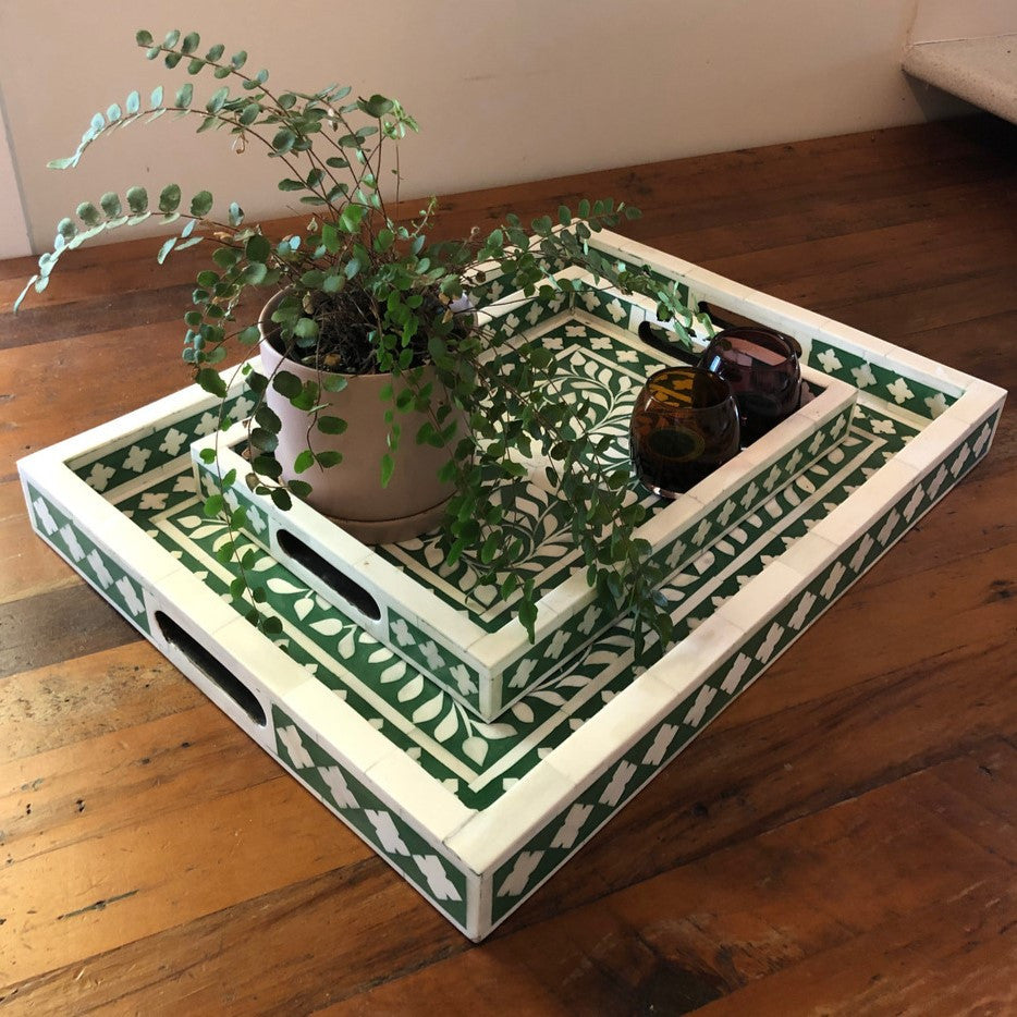 Floral Inlay Tray in Green Colour