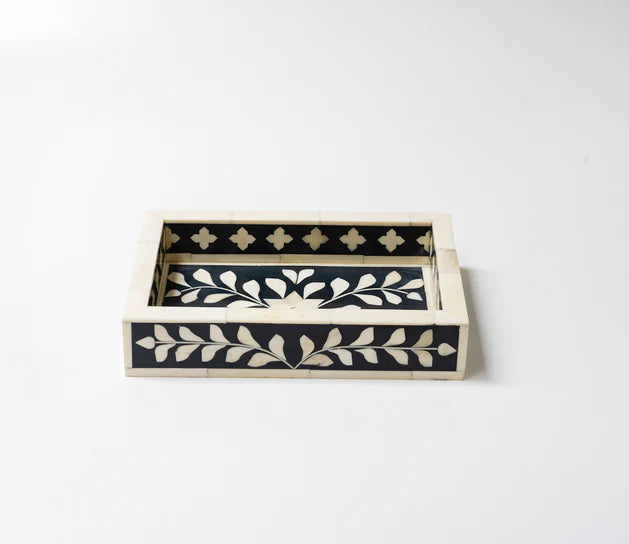 Black Ethnic Floral Bone Inlay Serving Tray