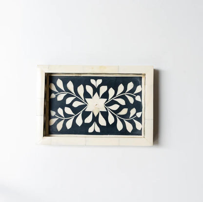 Black Ethnic Floral Bone Inlay Serving Tray