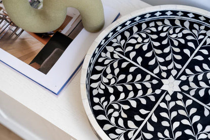 Black Ethnic Floral Bone Inlay Serving Tray