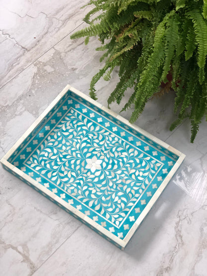 Floral Bone Inlay Tray in Teal Colour