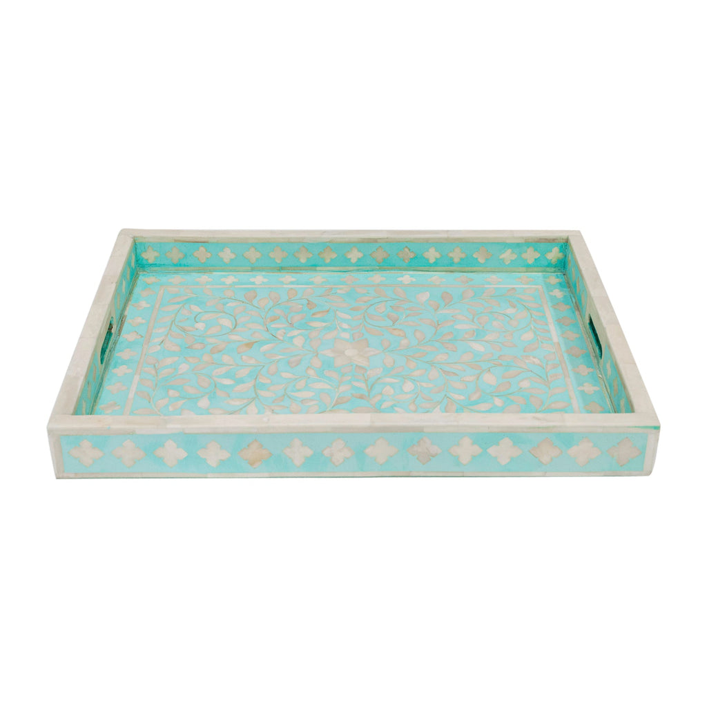 Floral Inlay Tray in Aqua Green