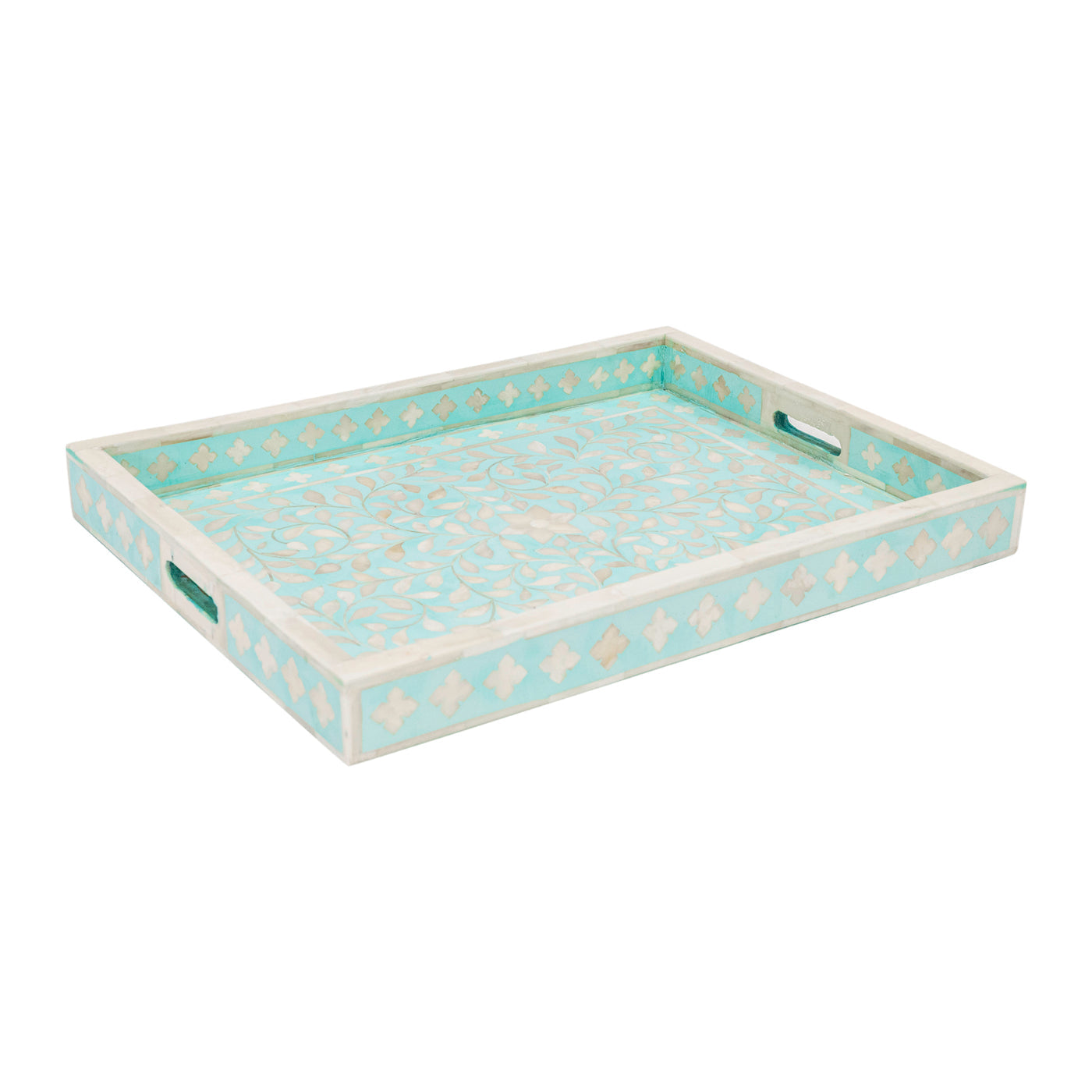 Floral Inlay Tray in Aqua Green