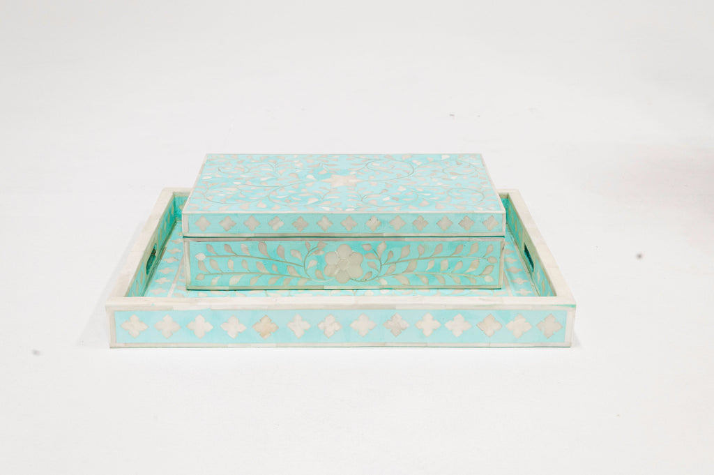 Floral Inlay Tray in Aqua Green