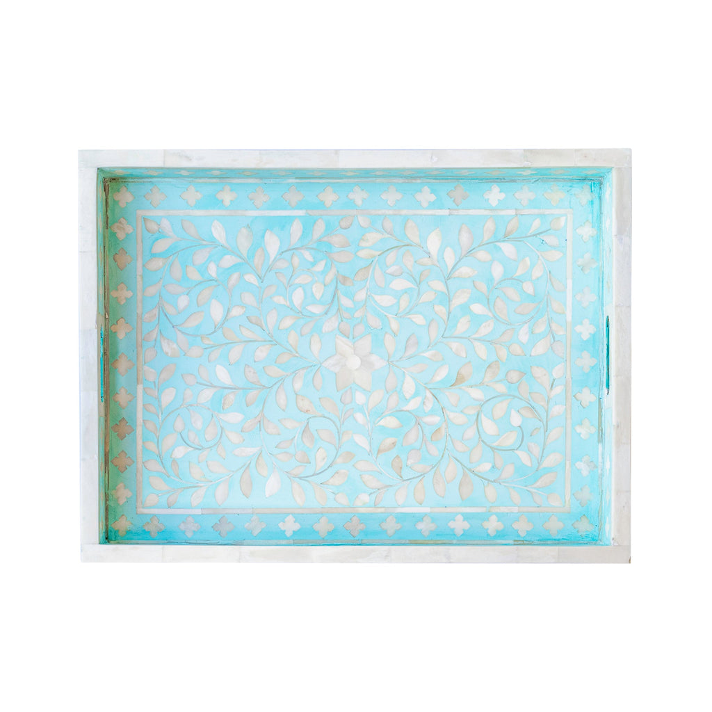 Floral Inlay Tray in Aqua Green