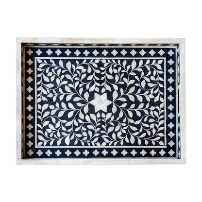 Black Ethnic Floral Bone Inlay Serving Tray